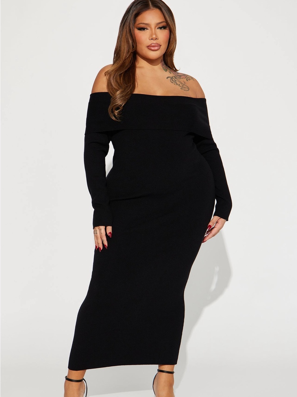 Fashion Nova Black Off-Shoulder Long Sleeve Midi Dress
